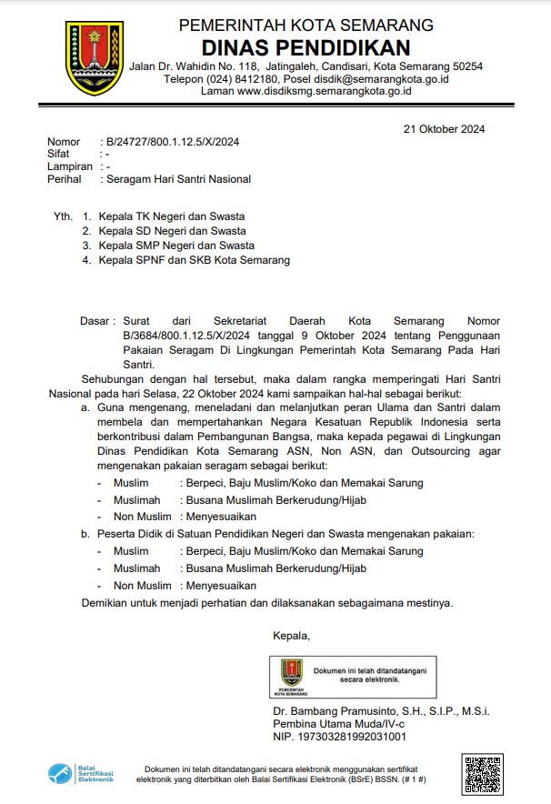 Penggunaan Pakaian Seragam di Lingkungan Pemerintah Kota Semarang pada Hari Santri Nasional 2024